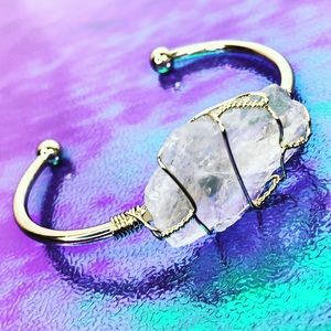 Wire Wrapped Raw Quartz Cuff, Gold Bangle Bracelet